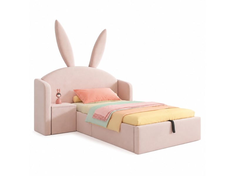  Lit coffre 90x190 cm avec table de chevet en velours rose  - Conforama A