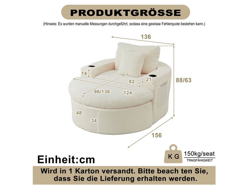  Fauteuil lounge convertible 1 place en velours côtelé beige avec pouf, rangement latéral et porte-gobelets intégrés  - Conforama C