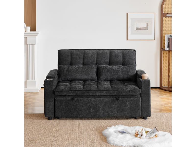  Canapé-lit 3 en 1 142 cm – noir – chenille avec rangements, porte-gobelets et coussins de soutien  - Conforama C
