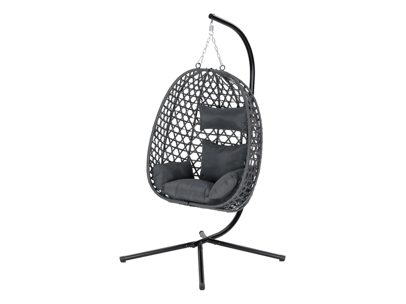  Fauteuil suspendu en rotin avec hauteur réglable, rotation à 360 degrés, coussins et support en métal gris foncé  - Conforama A