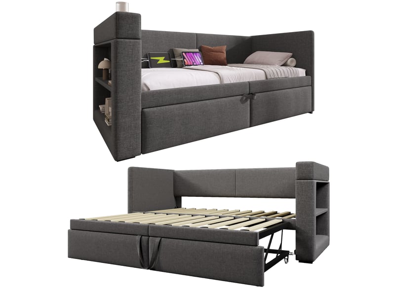  Canapé convertible gris avec lit gigogne et ports usb  - Conforama R