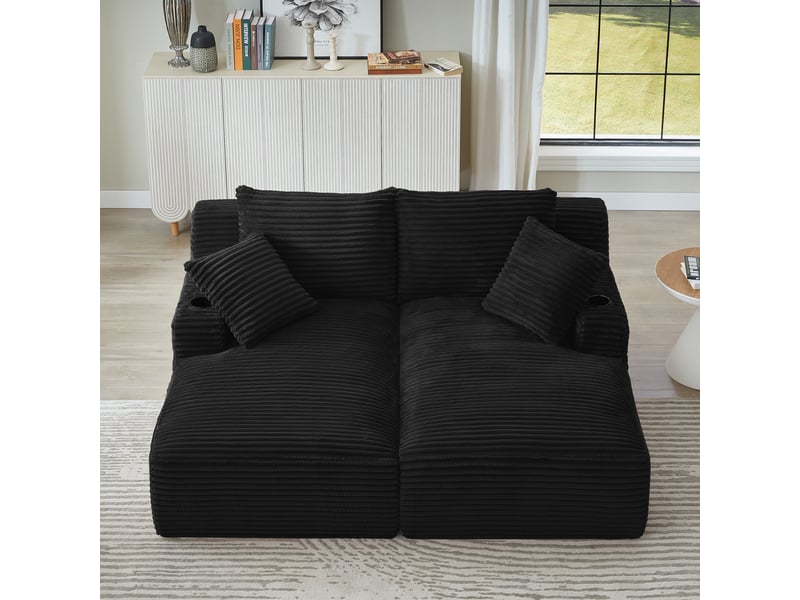  Canapé 2 places convertible en double méridienne, assise avec ressorts, porte-gobelets, velours côtelé, noir OMNIGLINT TRADING LTD - Conforama D