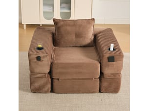 Canapé convertible modulable 122x98x80 cm – marron – 1 place, velours côtelé, poche latérale et porte-gobelet