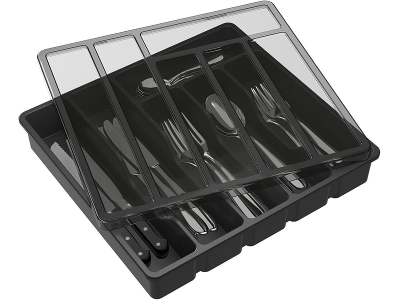  Range couverts pour tiroir avec couvercle, boîte de rangement couverts de cuisine, organisateur de couverts en plastique 6 compartiments, noir  - Conforama A