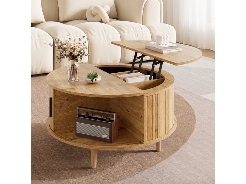 Table basse ronde relevable avec rangement et porte coulissante, mdf décor chêne - Conforama W