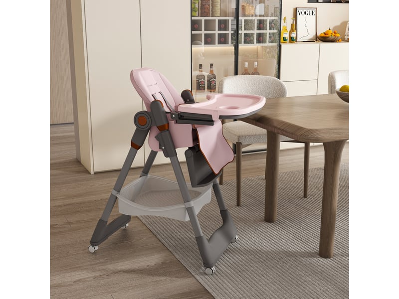  Chaise haute bébé pliable réglable 53x76x95 cm avec harnais et roues verrouillables rose  - Conforama C