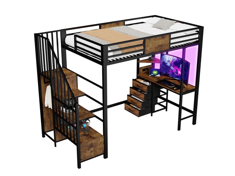  Lit mezzanine 90x200 cm noir avec bureau, rangements, led et prise intégrée  - Conforama A