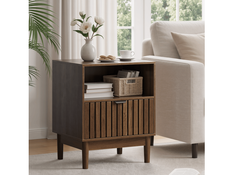  Table de chevet 45x39x56,5 cm avec tiroir en mdf noyer, design à lattes, meuble d’appoint pour chambre, salon  - Conforama E