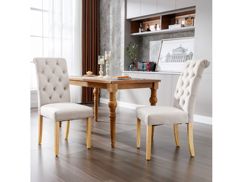 Chaise de salle à manger lot de 6 avec dossier capitonné et pieds réglables en bois et velours beige  - Conforama D