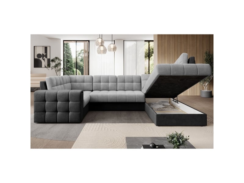  Canapé d'angle convertible monteza noir et gris 299 cm avec coffre et couchage  - Conforama D