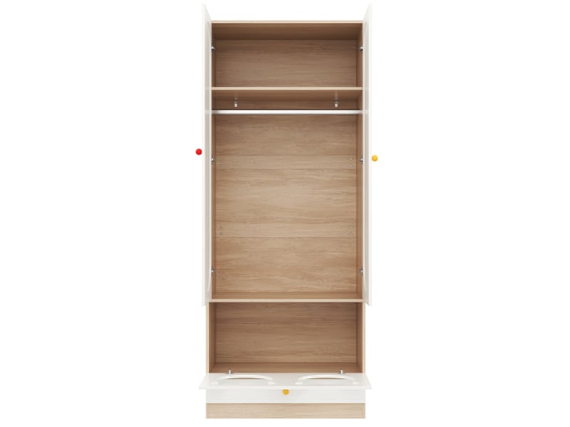  Armoire enfant 2 portes avec penderie et tiroirs - finition laquée blanc-bois, 80x50x200 cm, lot de 2  - Conforama D