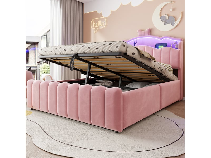  Lit coffre enfant modenvie 140 x 200 cm en velours rose avec led, usb et usb-c  - Conforama D