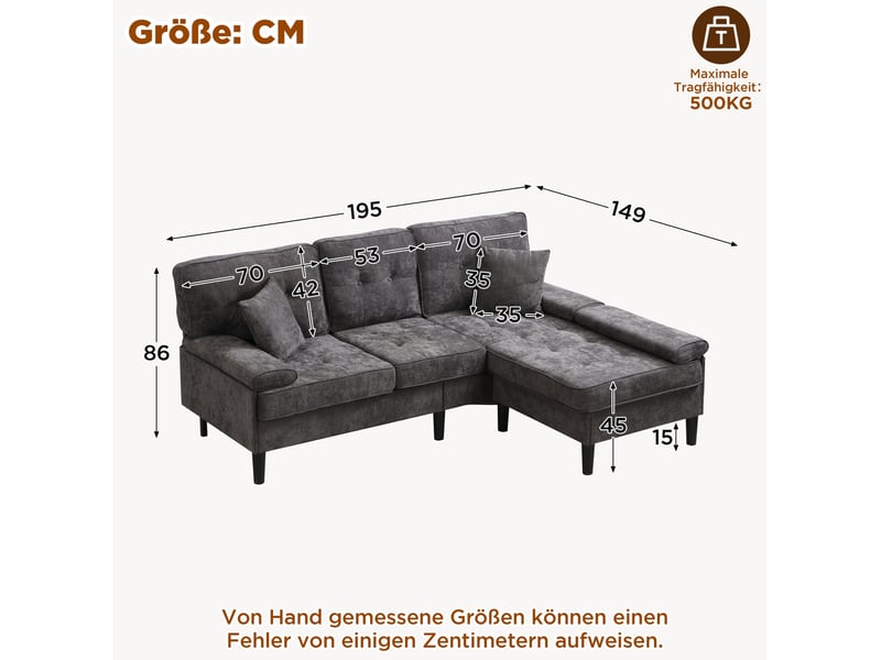 Canapé d'angle modulable 195x149x86 cm convertible avec pouf mobile, 3 places, bois, gris antique - Conforama C