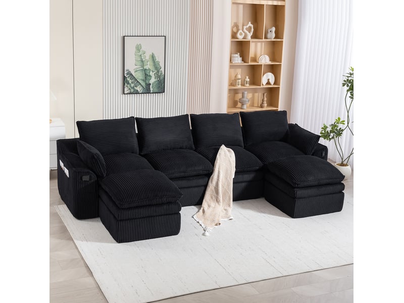 Canapé modulable 4 places en velours côtelé noir avec 2 poufs et poches latérales - Conforama E