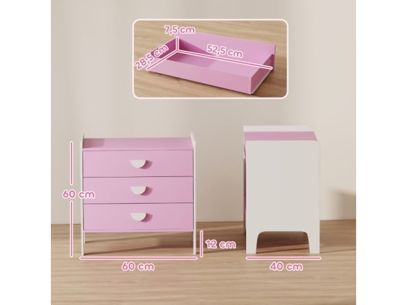  Commode enfant roseblanc, 3 tiroirs en mdf, meuble de rangement pour chambre enfant  - Conforama C