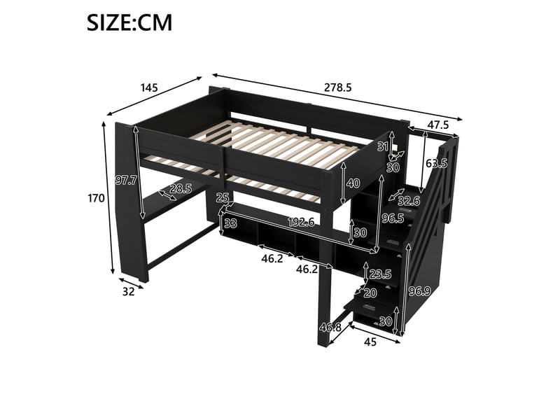 Lit mezzanine 140x200 cm avec bureau, rangements, escalier et éclairage led noir - Conforama C