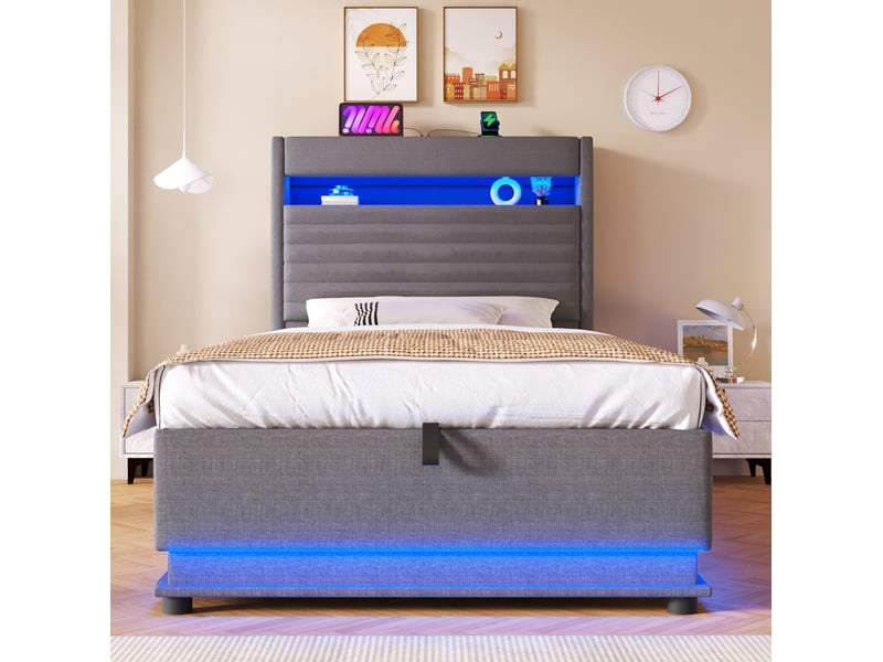  Modenvie lit coffre 90x200 cm - led reglable, ports usb et usb-c, sans matelas - gris  - Conforama E