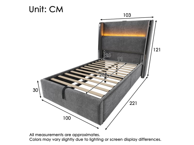  Modenvie lit coffre 90x200 cm - tête de lit haute, led, ports usb et type-c, matelas inclus - gris  - Conforama C