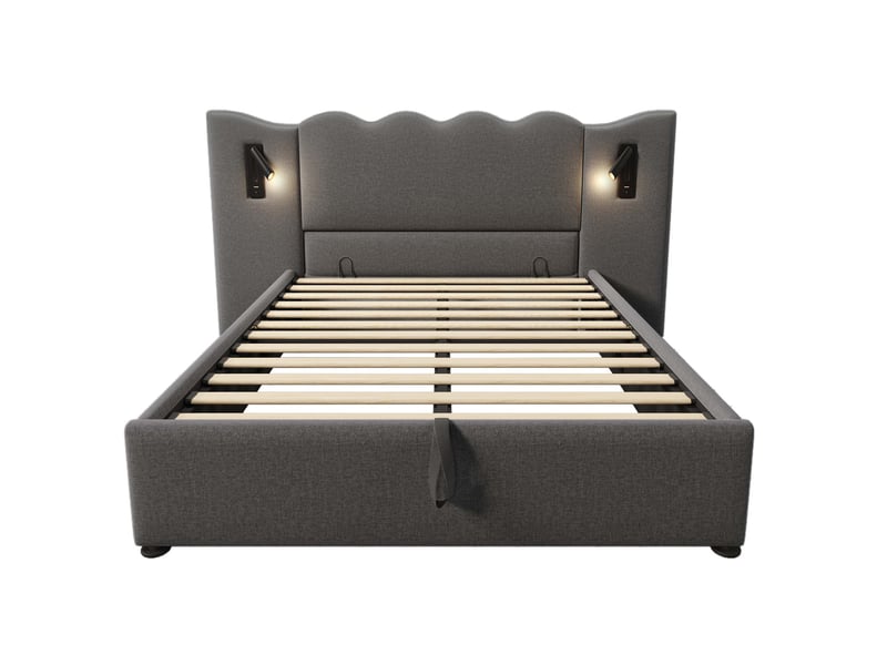  Lit coffre, lit double 160x200 cm, usbusb-c, lampe de lecture, sommier à lattes, matelas inclus, lin gris  - Conforama E