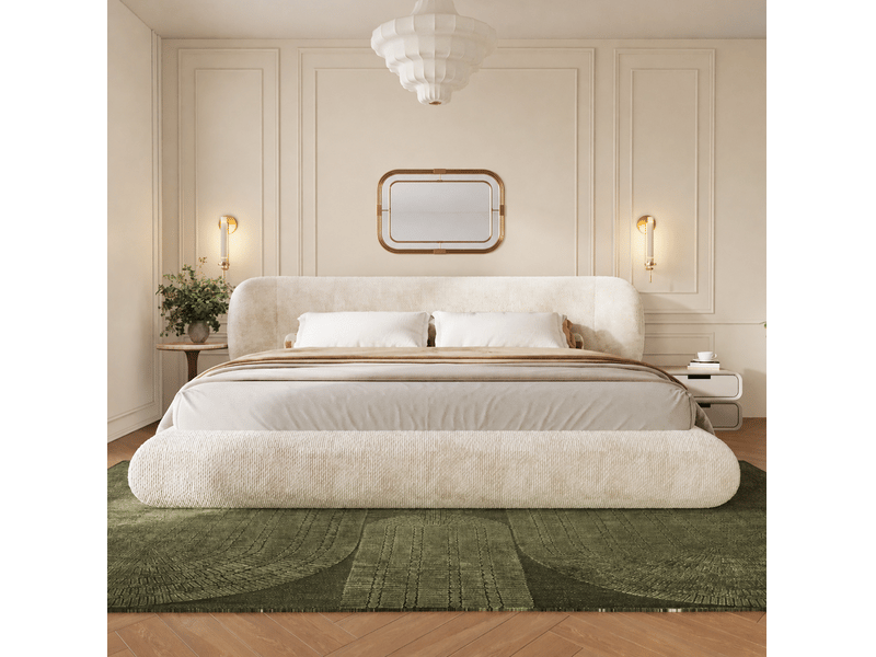 Lit double rembourré 140x200 cm en chenille beige avec sommier à lattes, sans matelas - Conforama B