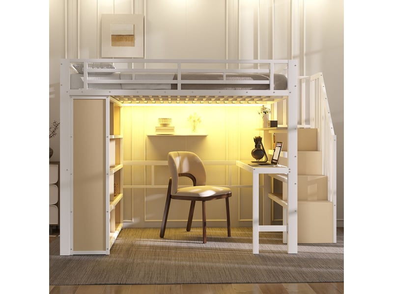  Lit mezzanine avec bureau 140x200 cm escalier de rangement led - lit mezzanine - métal blanc robuste multi-étagères gain de place  - Conforama B