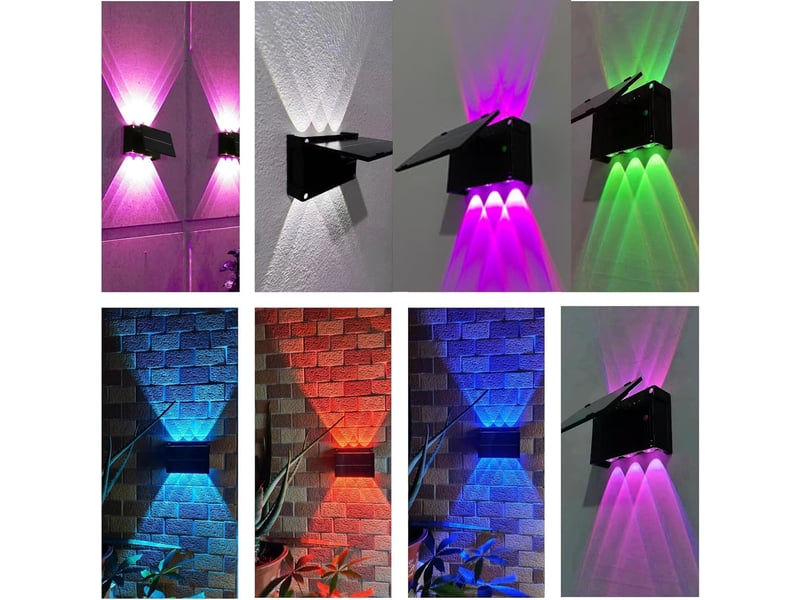  Lot de 2 appliques solaires murales d'extérieur – 6 LED RGB, 7 couleurs, éclairage orientable vers le haut et vers le bas, étanches, pour jardin, clôture, terrasse et allée.  - Conforama E