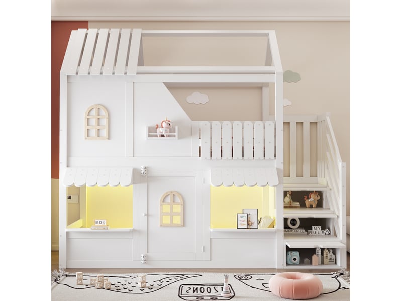 Lit superposé enfant 90x200 cm style maison blanc avec led, escalier de rangement et étagères, sans matelas - Conforama B