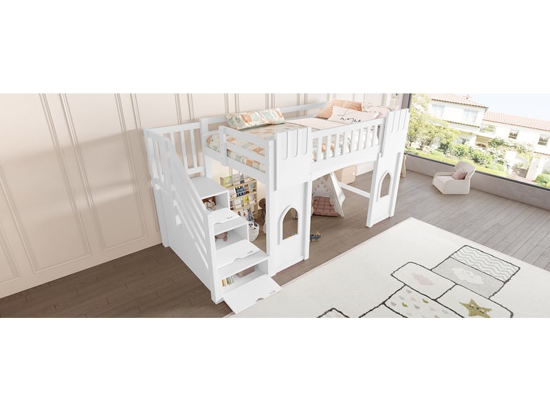  Lit enfant surélevé 90 × 200 cm, escalier de rangement et fenêtre, blanc  - Conforama B