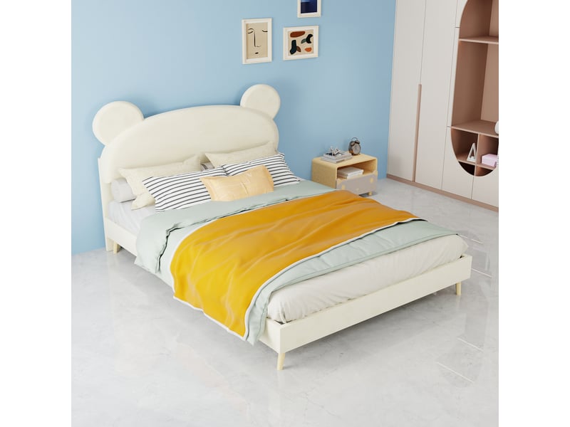  Lit enfant 200×140 cm avec tête de lit peluche à oreilles d’ours et matelas à ressorts ensachés, en tissu et métal beige  - Conforama C