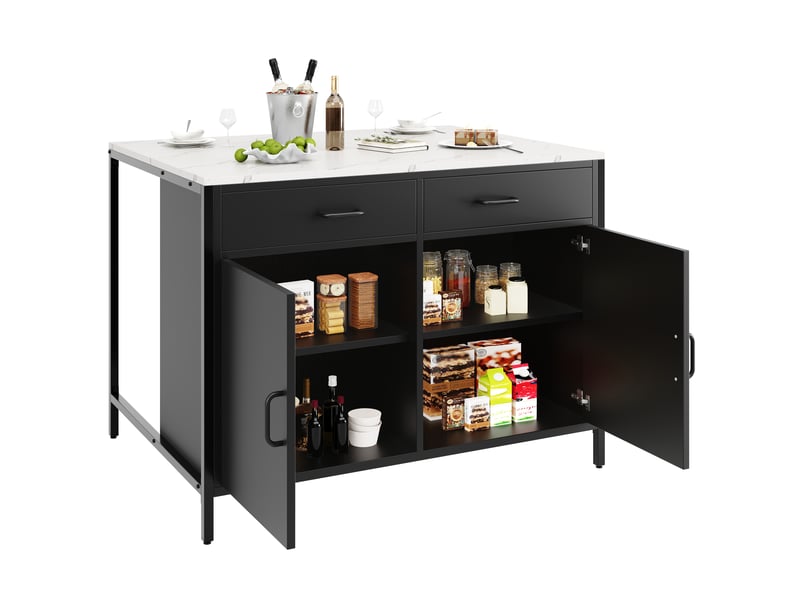  Table haute 100x90x90 cm, plateau motif marbre en mdf, 2 tiroirs et étagères réglables, pieds métal, noir  - Conforama A