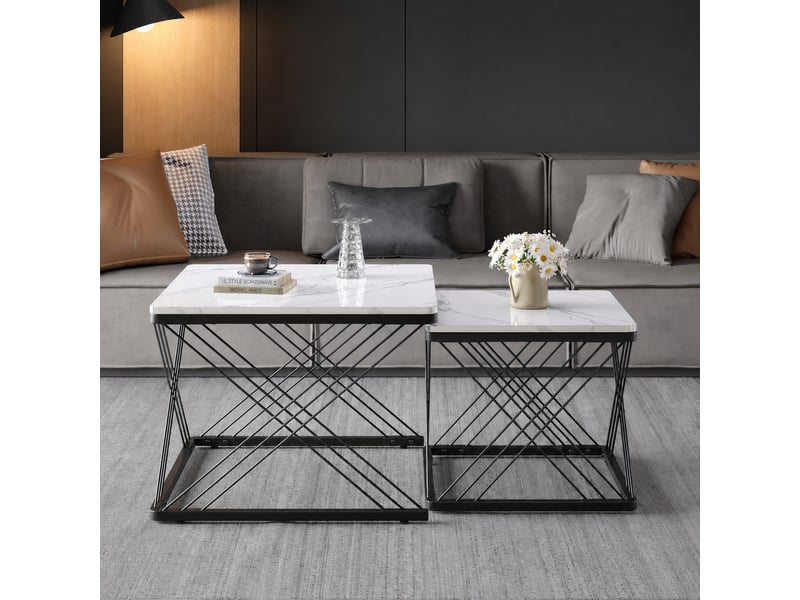  Ensemble de deux tables basses carrées, effet marbre brillant, pieds réglables, blanc et noir  - Conforama B