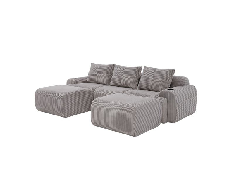  Canapé modulaire 3 places avec 2 poufs en velours côtelé gris clair  - Conforama A
