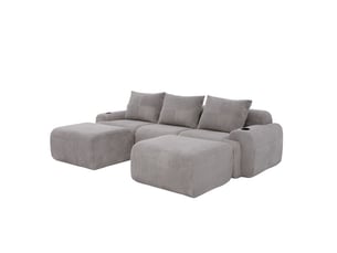 Canapé modulaire 3 places avec 2 poufs en velours côtelé gris clair