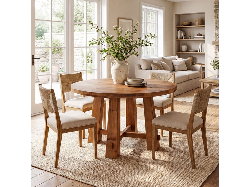 Table de salle à manger ronde en bois massif de 100 cm, table de cuisine rustique avec piètement en croix pour 2 à 4 personnes - Conforama D