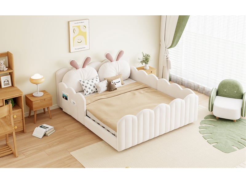  Lit enfant rembourré 140x200 cm beige avec coussins oreilles de lapin  - Conforama W