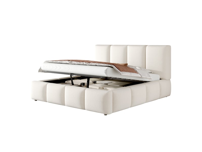  Lit rembourré 180 x 200 cm avec tête de lit capitonnée, coffre hydraulique, sommier à lattes, bouclé - blanc  - Conforama A