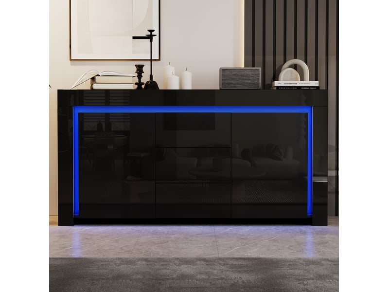  Buffet bas avec 2 portes et 3 tiroirs, led et étagères réglables, noir brillant pour salon en mdf 140 × 40 × 65 cm  - Conforama E