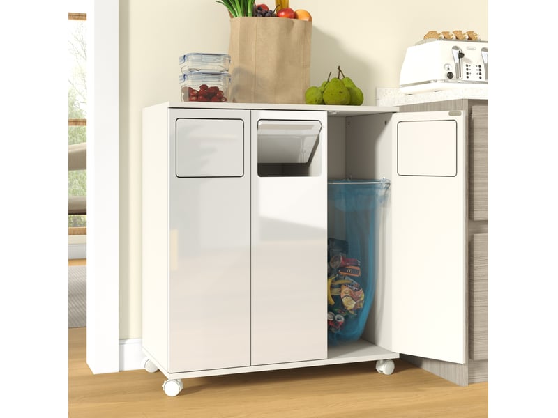  Meuble de tri des déchets 69,3 x 35 x 80,3 cm blanc brillant mdf, 3 portes et roulettes verrouillables  - Conforama B
