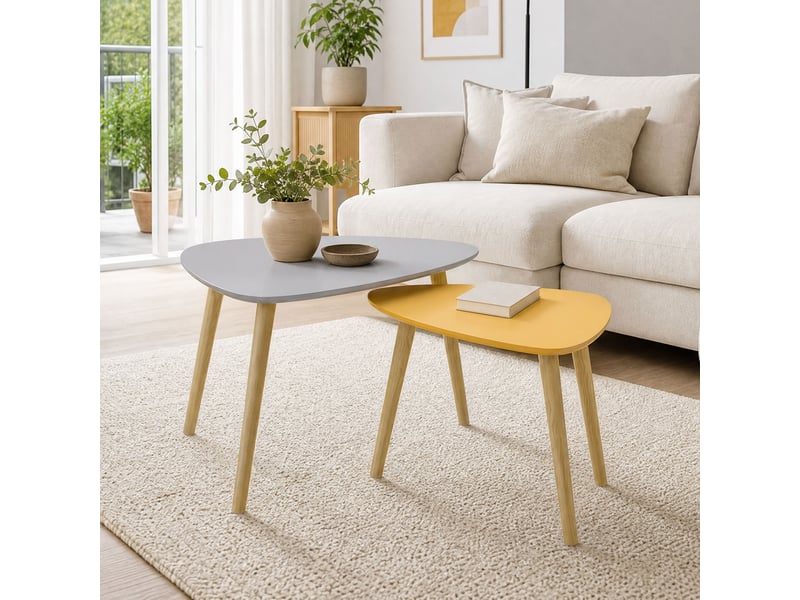  Lot de 2 tables basses gigognes design pieds scandinave en bois et plateau en bois, gris et jaune  - Conforama W
