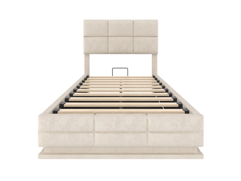  Lit 90x200 cm coffre avec tête réglable et led, velours, beige, sans matelas  - Conforama E