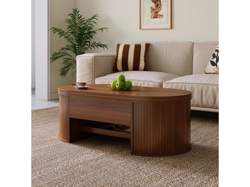  Table basse escamotable avec plateau levable, côtés en bois arrondis et étagère coulissante - meuble salon multifonction  - Conforama D