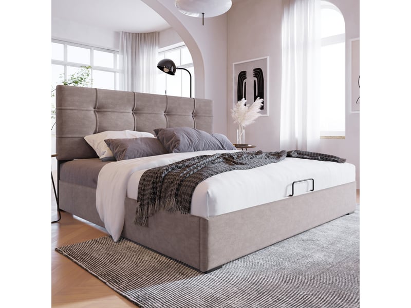 Lit coffre hydraulique 140x200 cm avec tête de lit réglable-sommier à lattes et rangement sous le lit-en velours-gris clair - Conforama B
