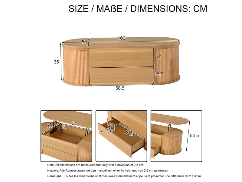 Table basse ovale 100x50x35 cm à plateau relevable avec tiroir, finition bois clair - Conforama E