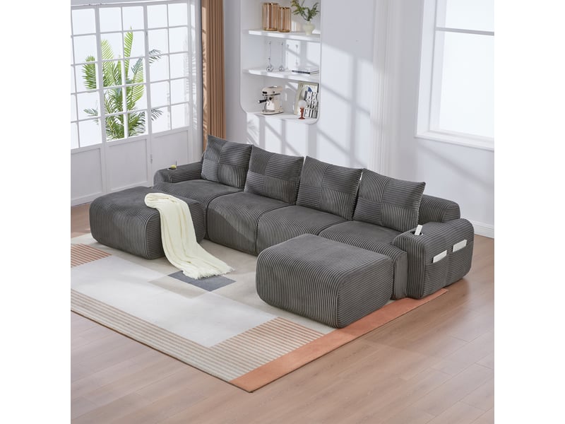 Canapé modulable 4 places en velours côtelé gris foncé, avec deux poufs, porte-gobelet et rangement, pour salon moderne - Conforama D