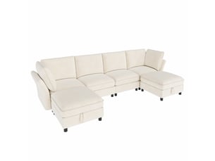 Canapé d'angle, canapé modulable, 6 places, en tissu chenille, beige, avec pouf, pour salon, appartement, chambre