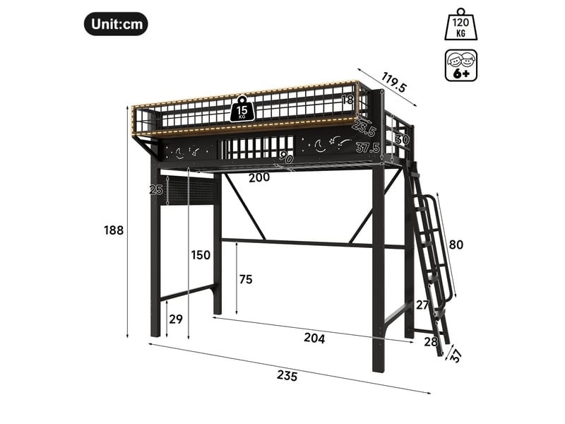  Lit mezzanine 90 × 200 cm en métal avec rangements et espace ouvert, échelle réversible, pour chambre, noir  - Conforama C