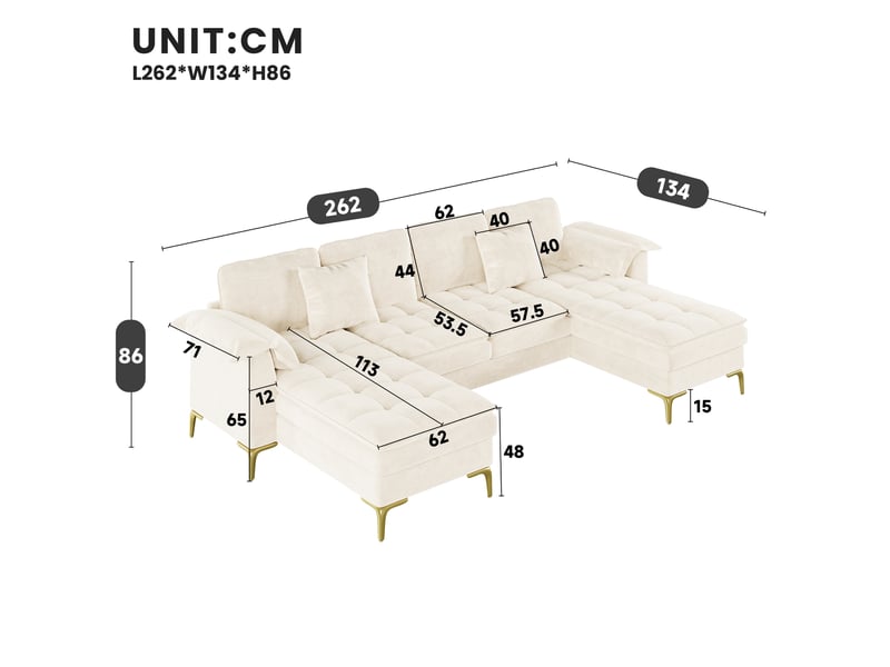 Canapé panoramique en u 4 places modulaire avec 2 méridiennes et 2 coussins, en chenille beige 262 × 134 × 86 cm - Conforama E
