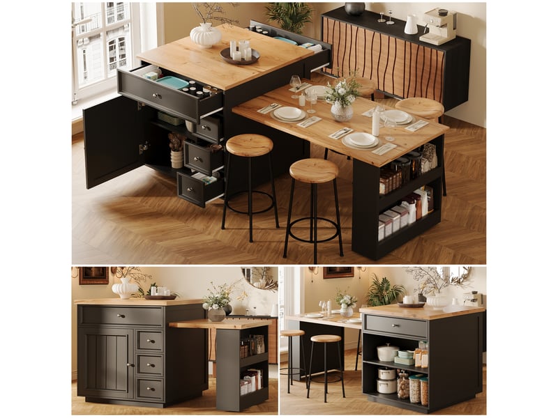 Îlot de cuisine extensible 120-184 cm, desserte à roulettes noire avec plateau aspect bois et tiroirs de rangement, mdf et métal. - Conforama C