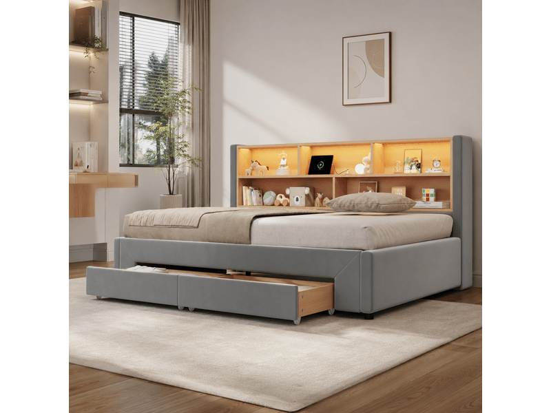  Lit banquette 1 place 90×200 cm extensible 180×200 cm, 2 tiroirs, led et usb - okmyhome- velours gris, sans matelas  - Conforama C