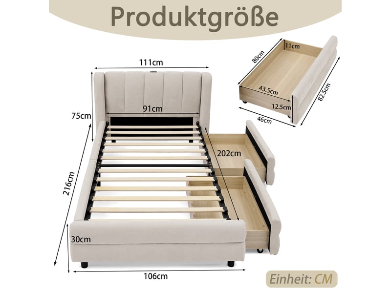  Lit simple 90x200 cm avec 2 tiroirs, ports usb et type c en chenille beige  - Conforama E